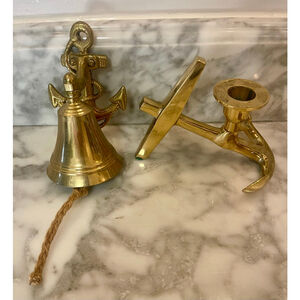 Vintage Solid Brass Nautical Anchor Bell & Anchor Candle Holder Maritime Decor